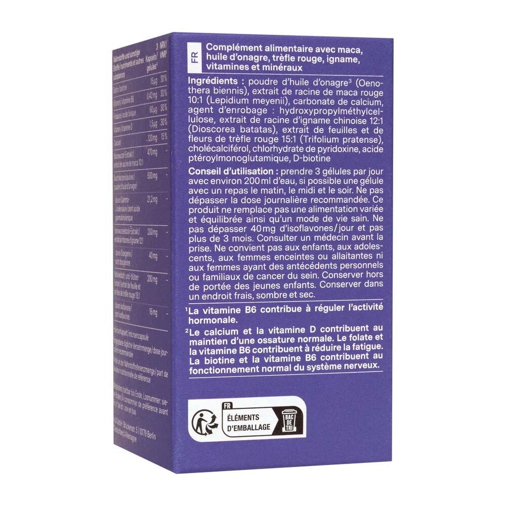 Dos d'une boîte violette de nu3 Meno Balance. Texte en français avec ingrédients et instructions d'utilisation.