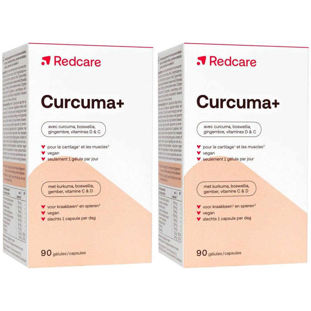 Deux boîtes de Redcare Curcuma+ avec vitamines D & C. Inscription: Curcuma+, 90 gélules. Marque rouge.