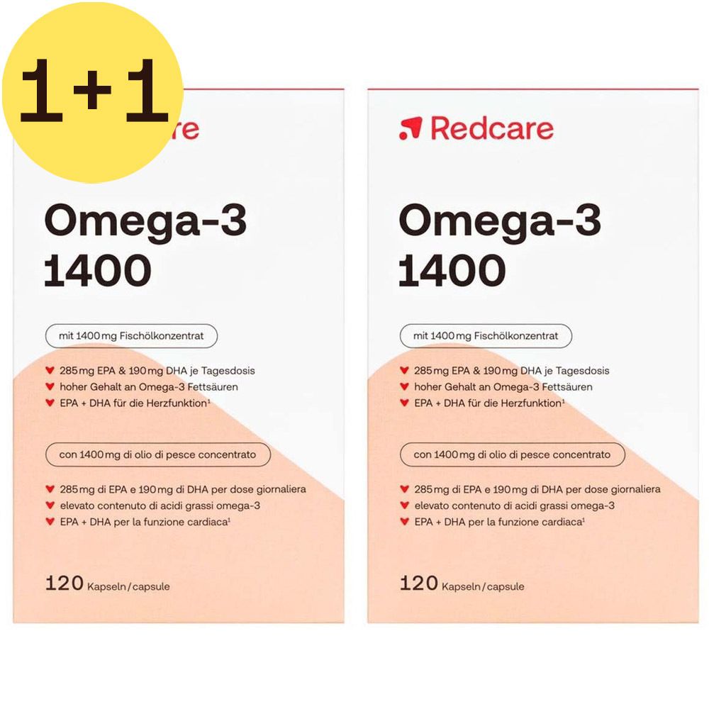 Deux boîtes de Redcare Omega-3 1400 gélules. Inscription : Omega-3 1400, 120 gélules. Avec promotion 1+1.