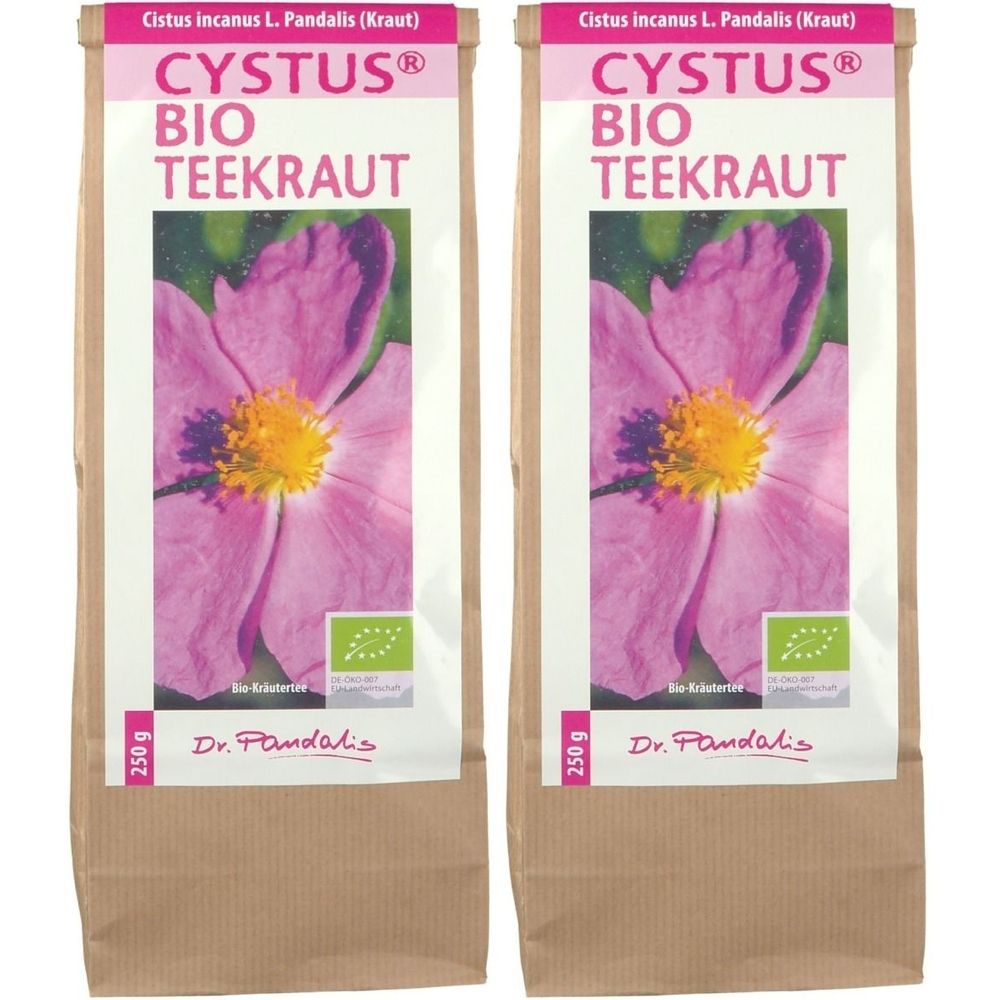 Zwei Beutel mit Aufdruck. Aufdruck: CYSTUS® BIO TEEKRAUT, Blume, Bio-Siegel, 250g, Dr. Pandalis.