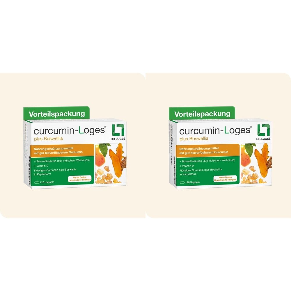 Deux boîtes de Curcumin-Loges plus Boswellia. Emballage vert et blanc avec informations et logo.