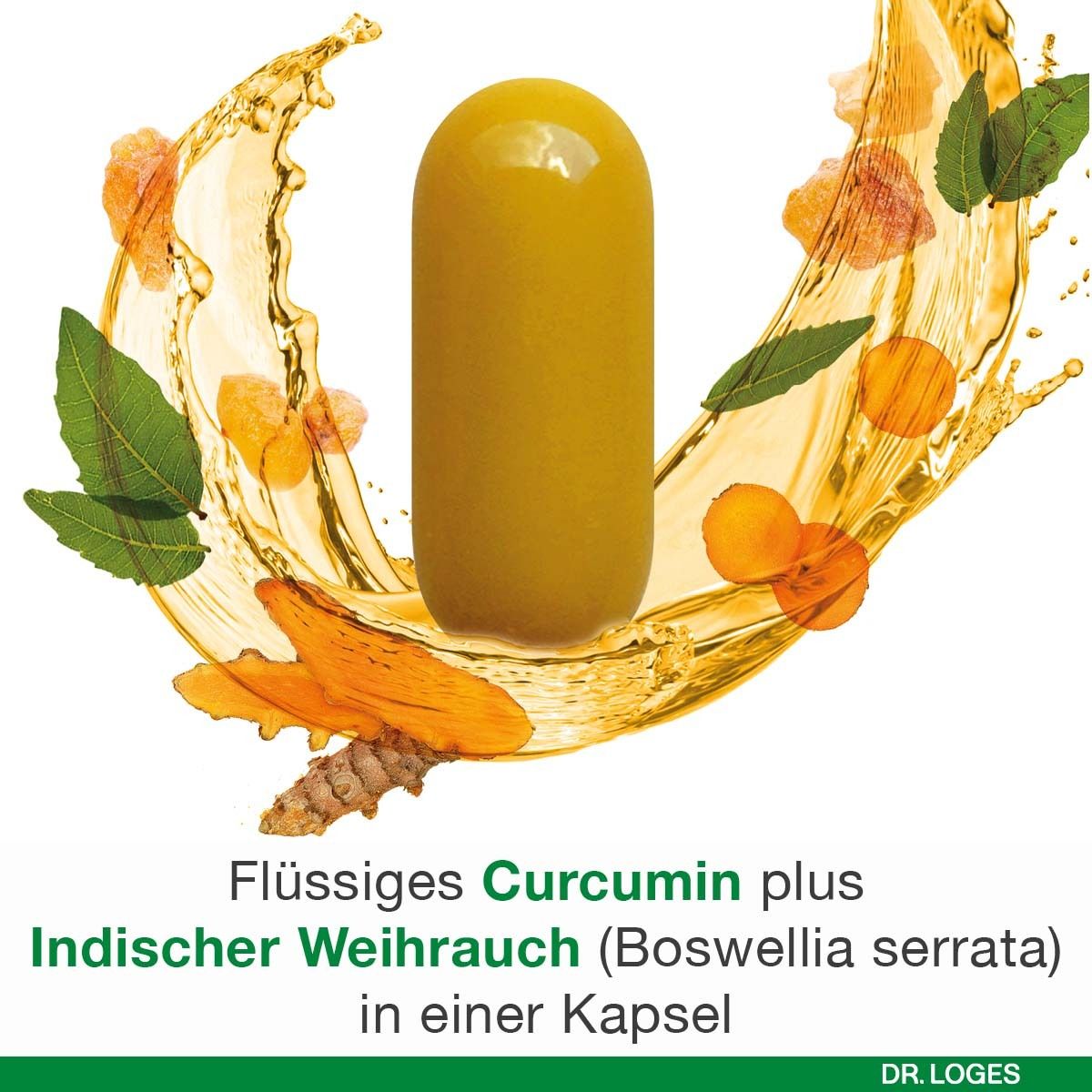 Gelbe Kapsel mit Flüssigem Curcumin plus Indischem Weihrauch (Boswellia serrata). Hintergrund: Flüssigkeitsspritzer.