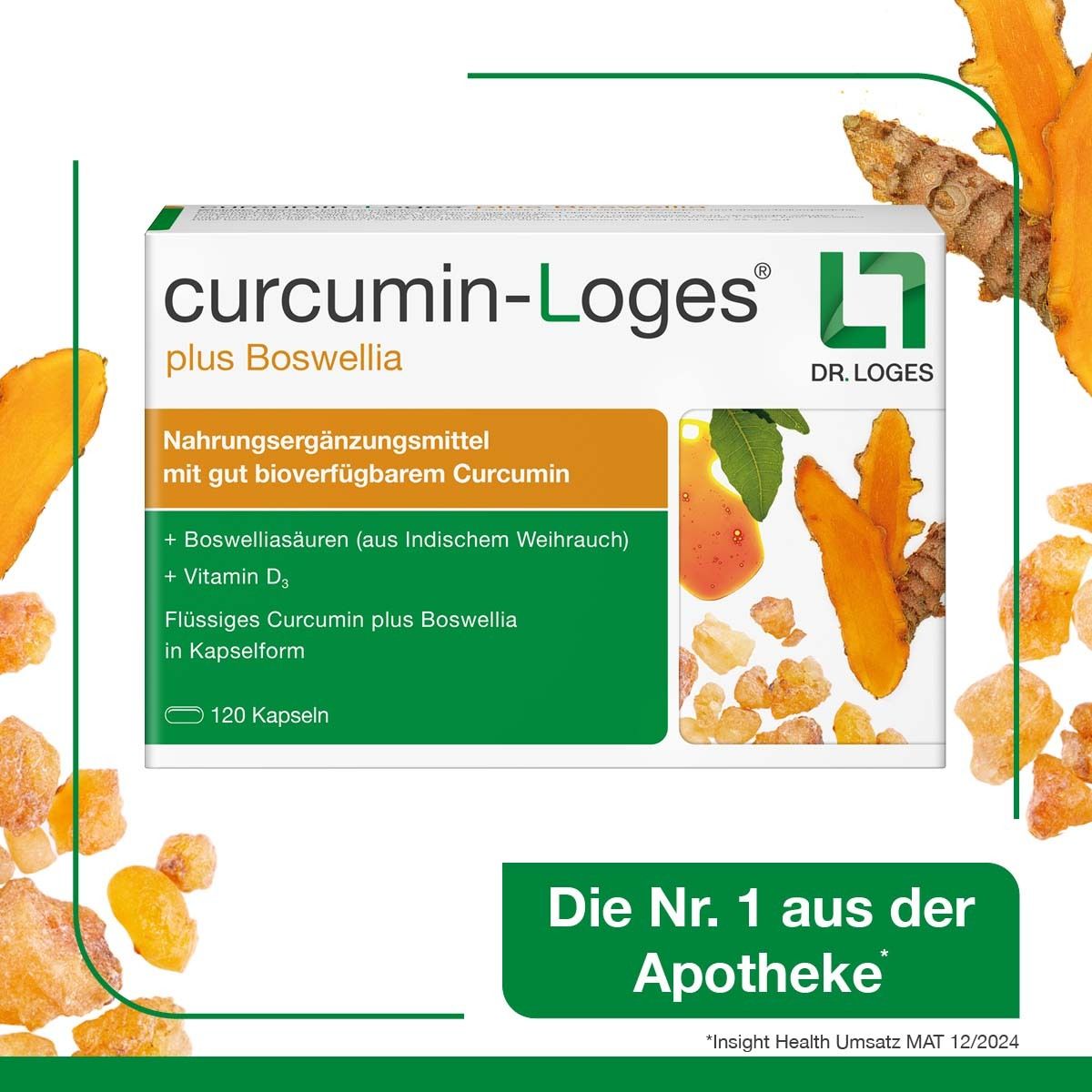 Packung curcumin-Loges plus Boswellia. Text: Nahrungsergänzungsmittel mit gut bioverfügbarem Curcumin. Aufschrift: Die Nr. 1 aus der Apotheke.