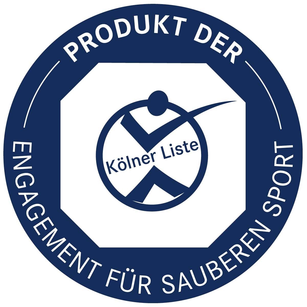 Blaues Siegel mit Text: Produkt der Engagement für sauberen Sport. Logo: Kölner Liste.