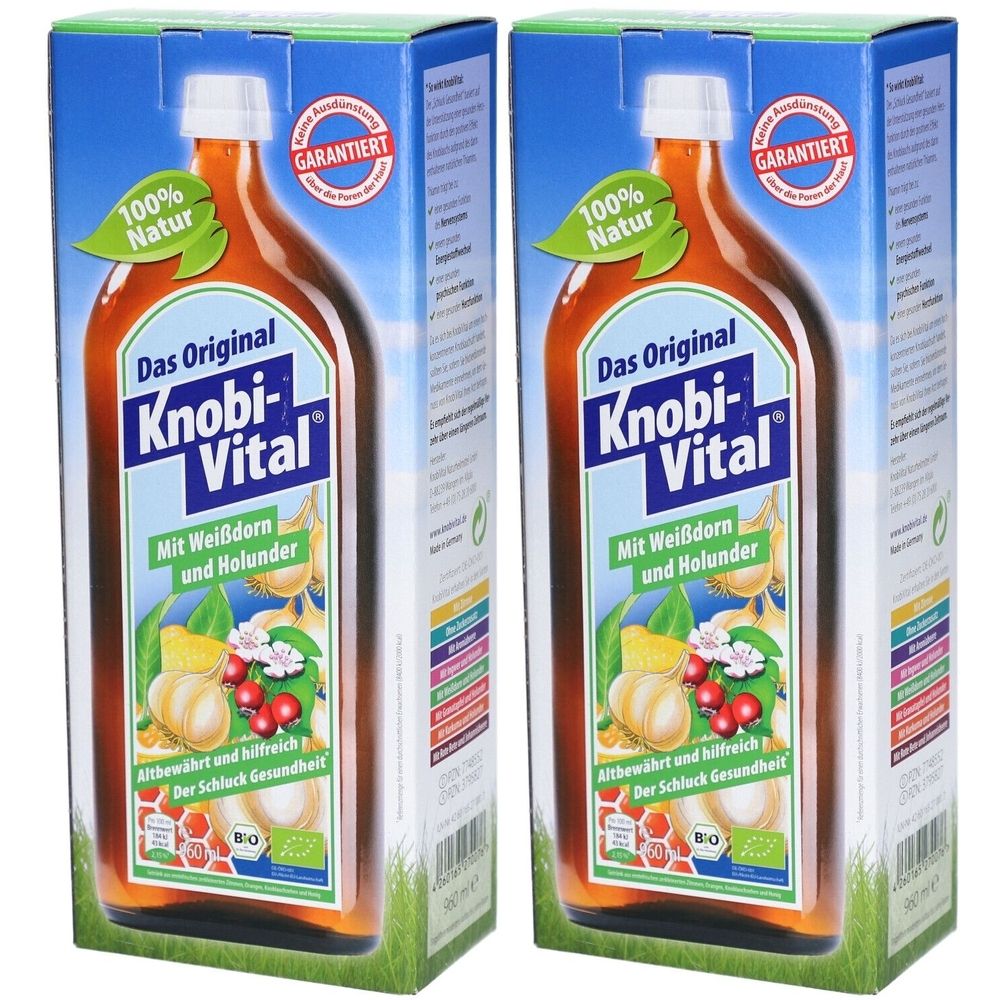 Deux boîtes de Knobi-Vital. Inscription: Das Original, Mit Weißdorn und Holunder. Logo: 100% Natur. Garanti.