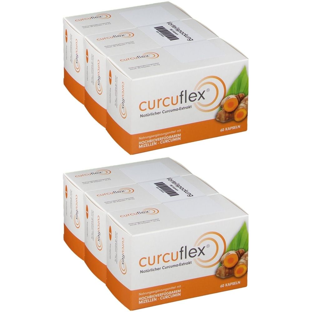 Deux boîtes blanches avec des accents orange. Le nom de marque curcuflex® et des images de racines de curcuma sont imprimés.