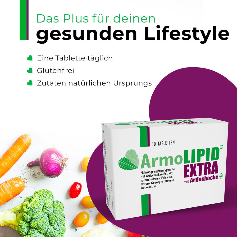 Schachtel ArmoLIPID® EXTRA mit Artischocke neben Gemüse. Text: „Das Plus für deinen gesunden Lifestyle“. Weitere Texte und Symbole.