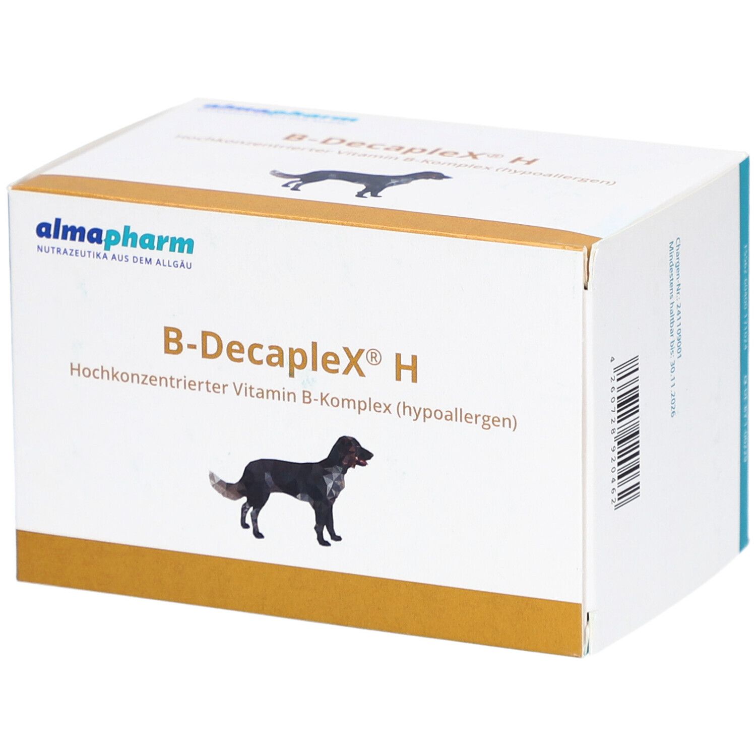 Karton mit B-DecapleX H. Aufschrift: Hochkonzentrierter Vitamin B-Komplex (hypoallergen). Logo: schwarzer Hund. Marke: almapharm.