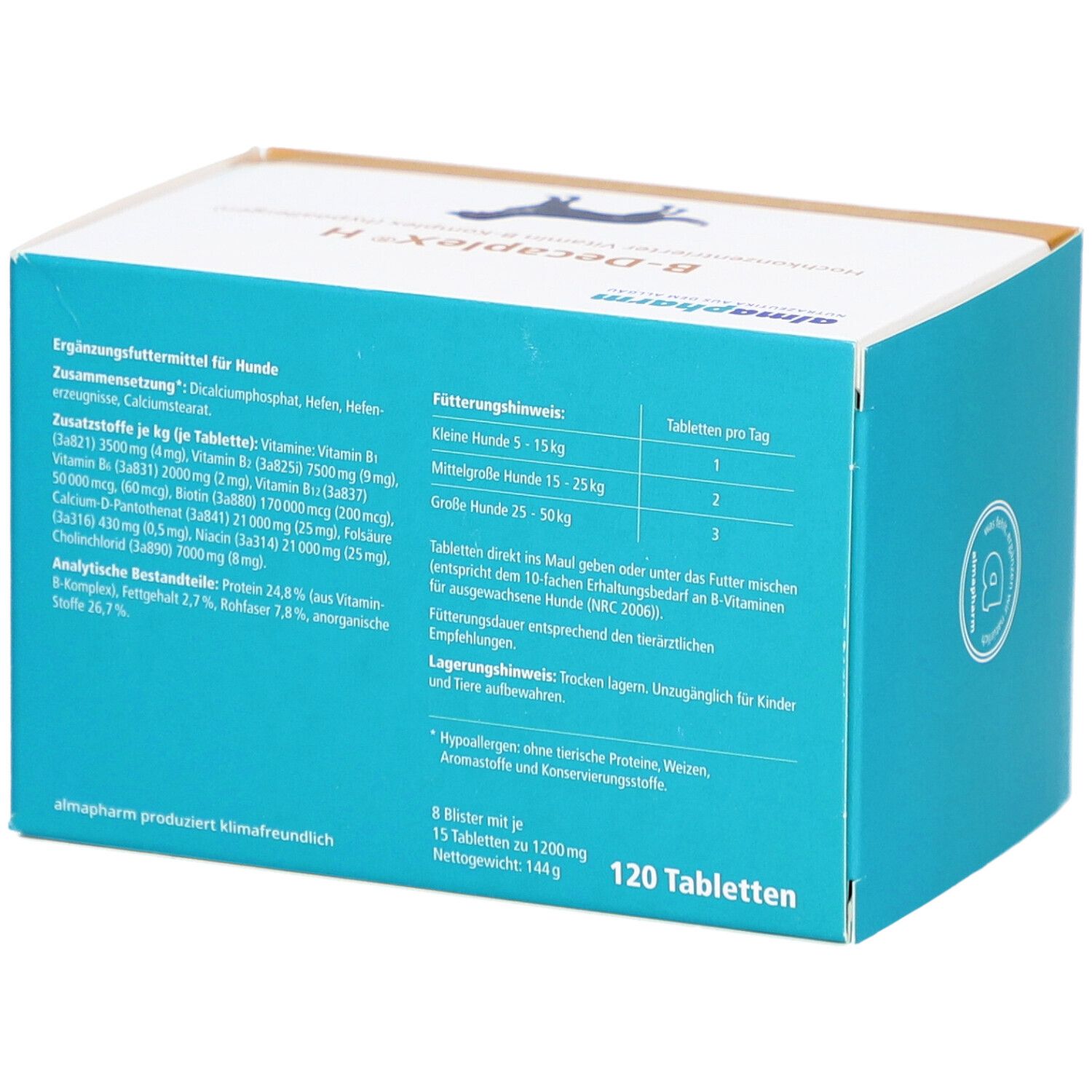 Rückseite der B-DecapleX H-Verpackung. Enthält Informationen zu Inhaltsstoffen, Fütterungsempfehlung und Lagerungshinweisen. 120 Tabletten.