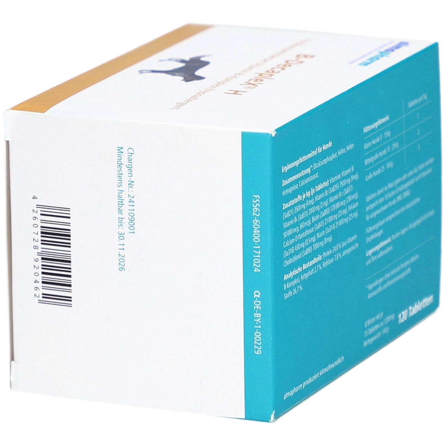 Seite der B-DecapleX H-Verpackung. Enthält Chargennummer, Mindesthaltbarkeitsdatum und weitere Informationen. 120 Tabletten.