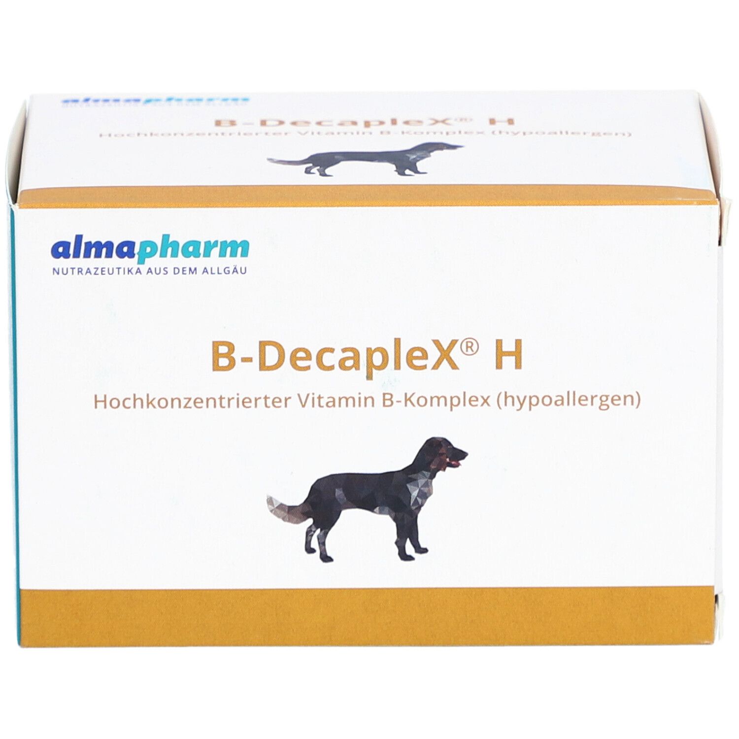 Karton B-DecapleX H. Aufschrift: Hochkonzentrierter Vitamin B-Komplex (hypoallergen). Logo: schwarzer Hund. Marke: almapharm.