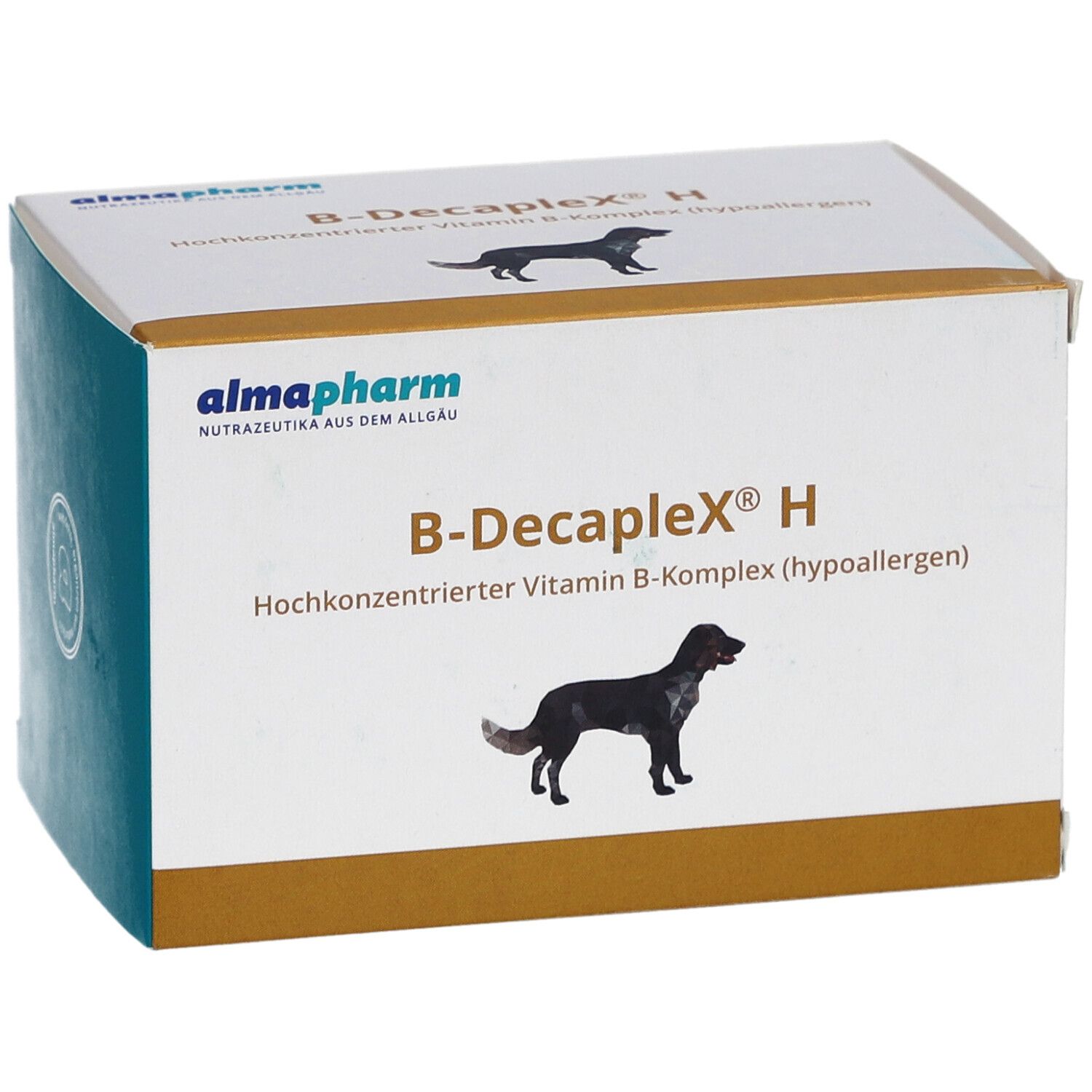 Karton B-DecapleX H. Aufschrift: Hochkonzentrierter Vitamin B-Komplex (hypoallergen). Logo: schwarzer Hund. Marke: almapharm.