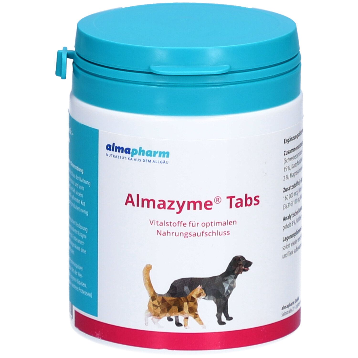 Conteneur bleu. Inscription: Almazyme Tabs. Image d'un chat et d'un chien. Marque: Almapharm.
