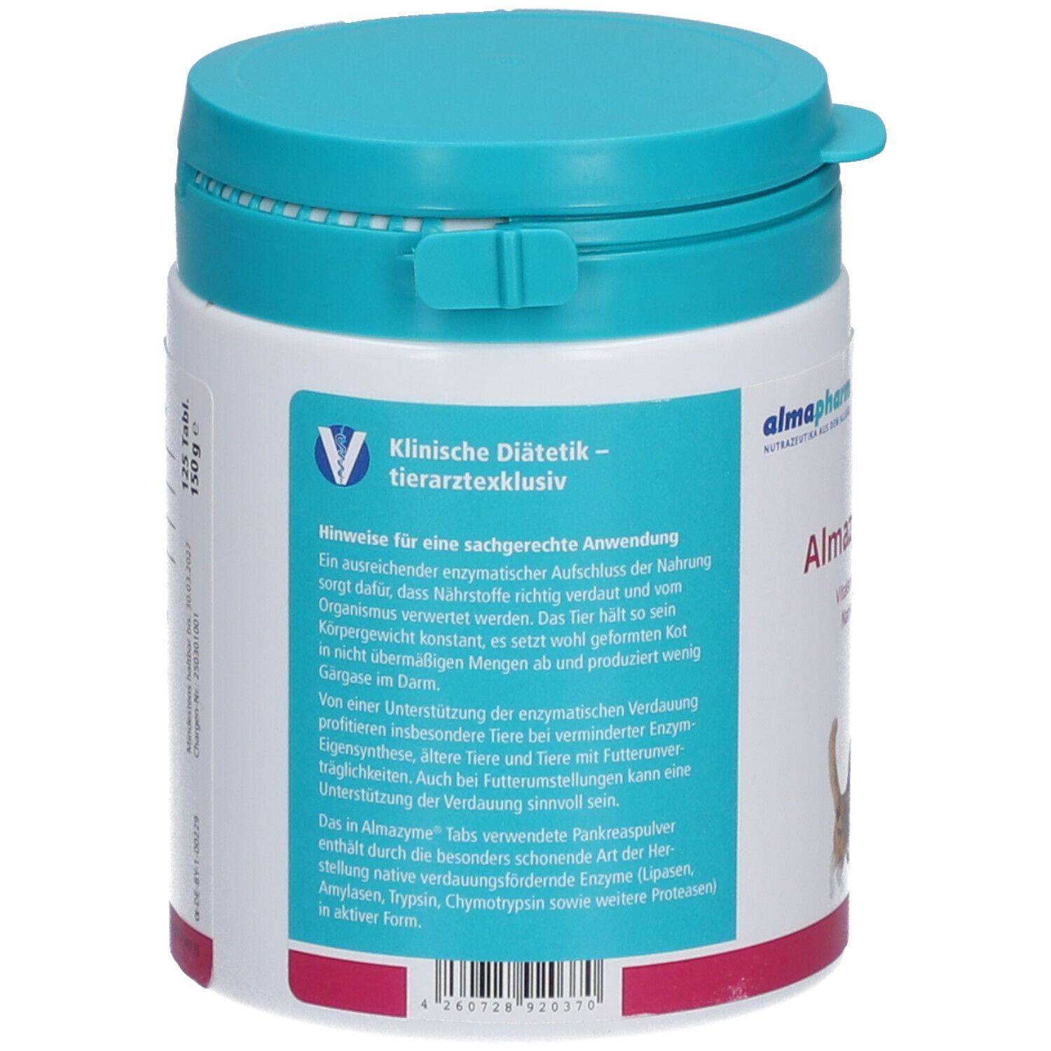 Dos du conteneur. Texte: Diététique clinique - exclusivement vétérinaire. Conseils d'utilisation. Marque: Almapharm.