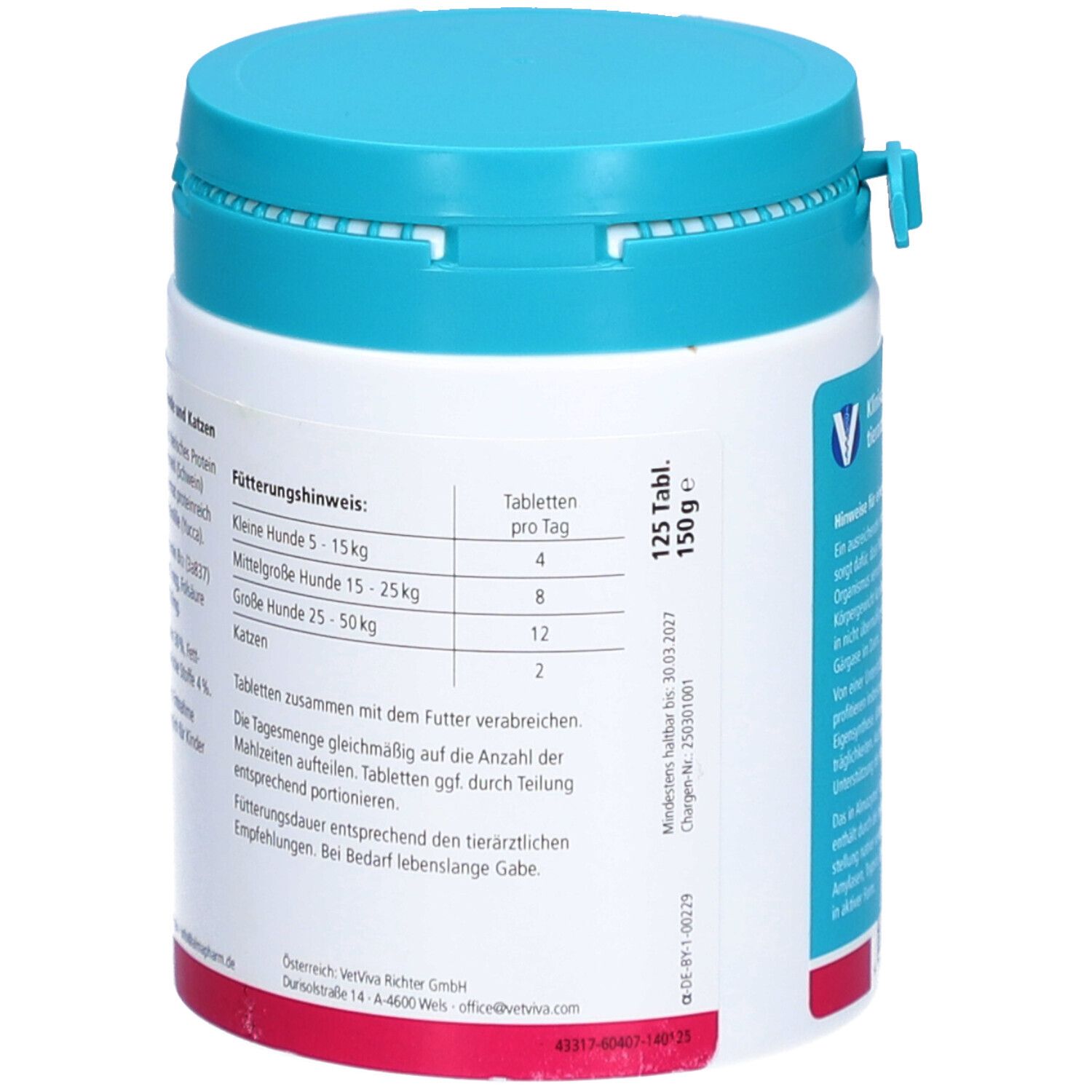 Conteneur bleu. Texte: Conseils d'alimentation. 125 comprimés. 150g. Date de péremption. Marque: Almapharm.