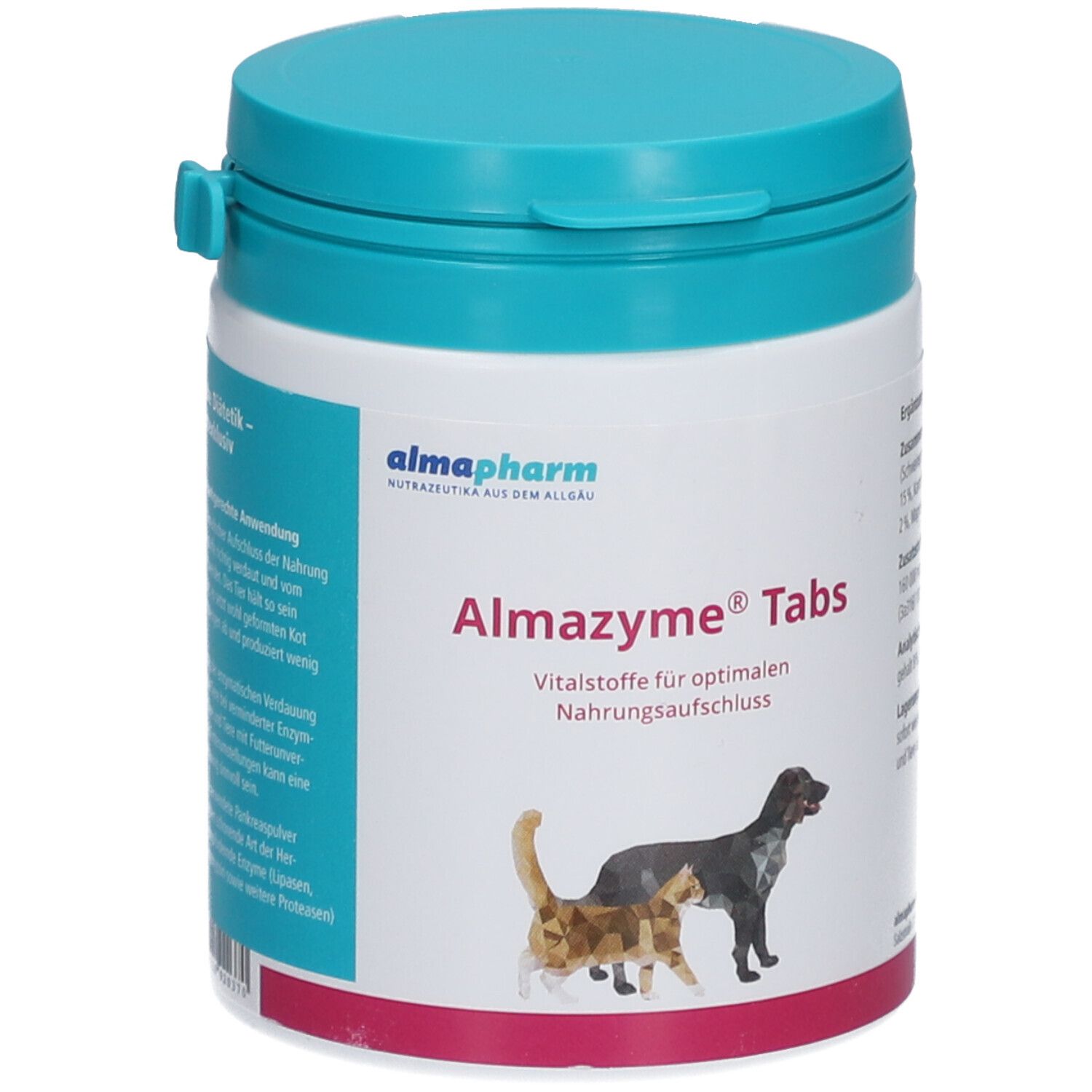 Conteneur bleu. Inscription: Almazyme Tabs. Image d'un chat et d'un chien. Marque: Almapharm.