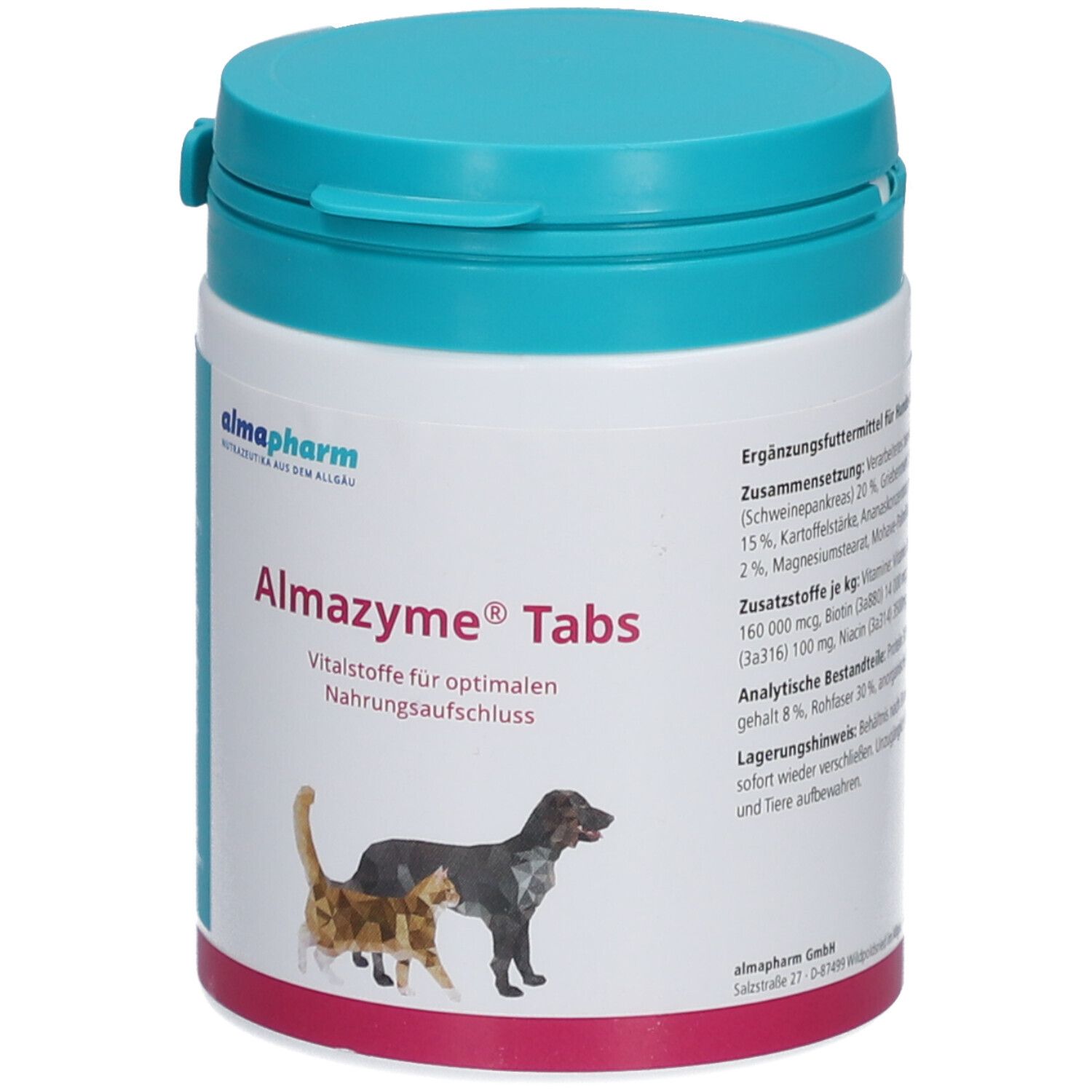 Conteneur bleu. Inscription: Almazyme Tabs. Image d'un chat et d'un chien. Marque: Almapharm.