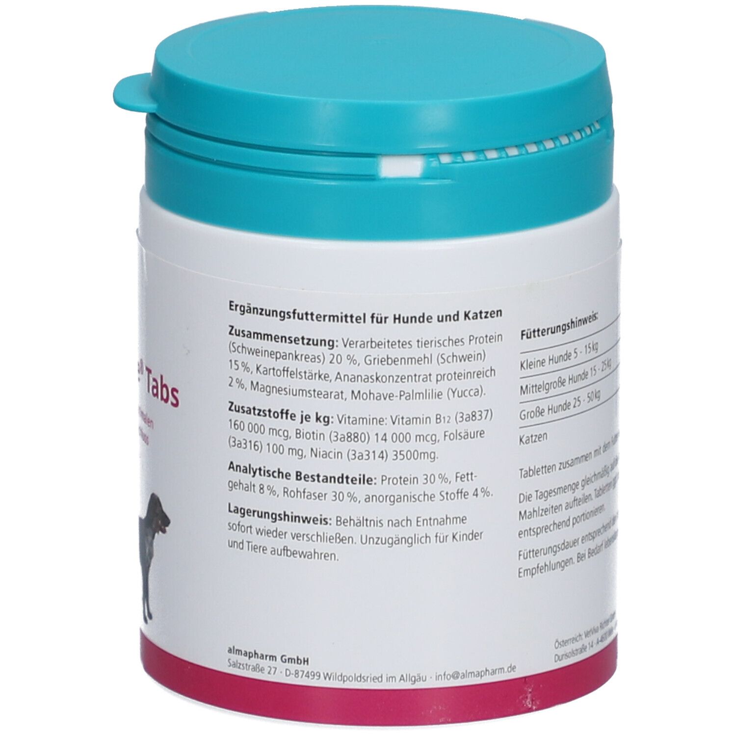 Dos du conteneur. Texte: Aliment complémentaire pour chiens et chats. Conseils d'alimentation. Marque: Almapharm.