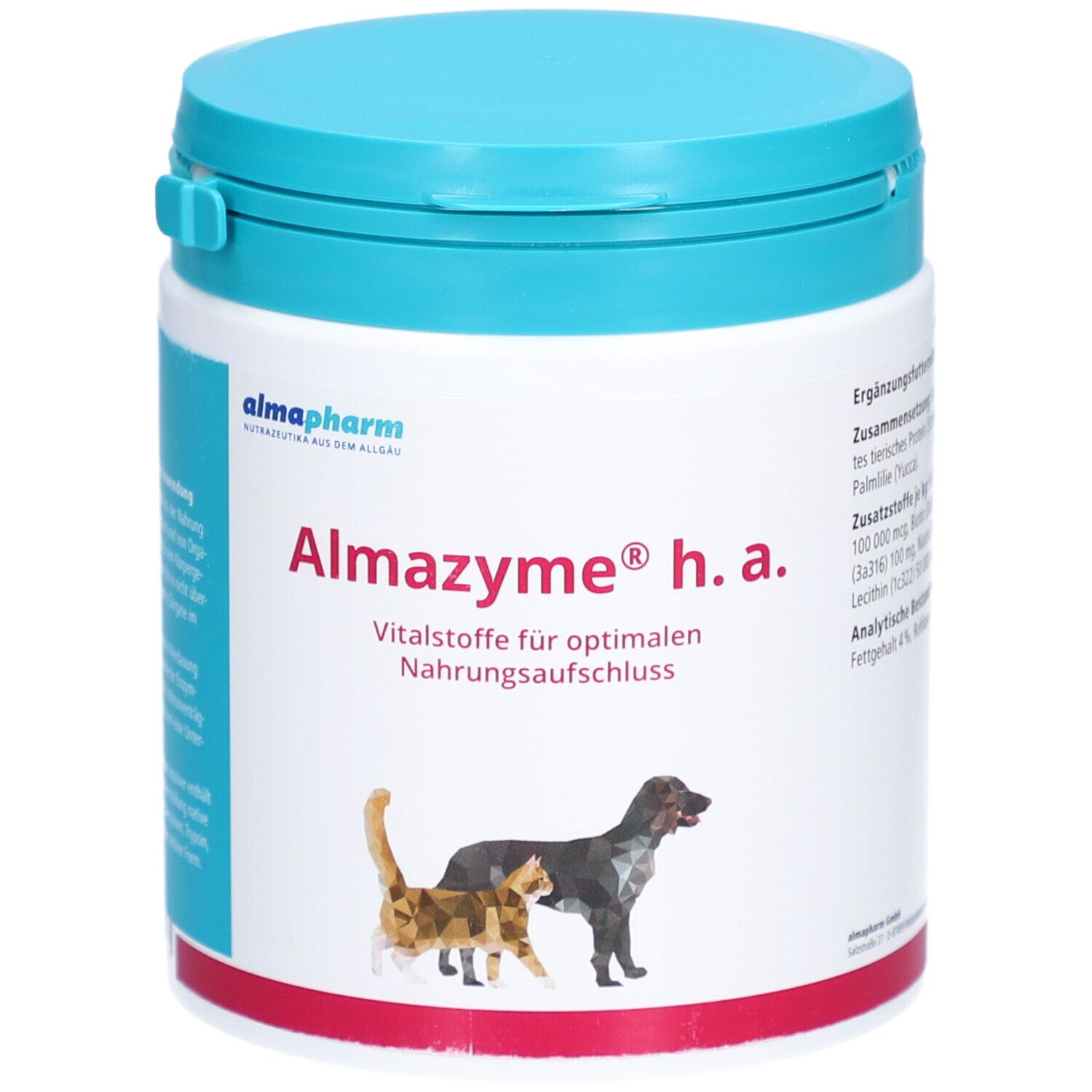Boîte Almazyme h.a. Almapharm avec couvercle bleu. Inscription : Vitalstoffe für optimalen Nahrungsaufschluss. Chat et chien.