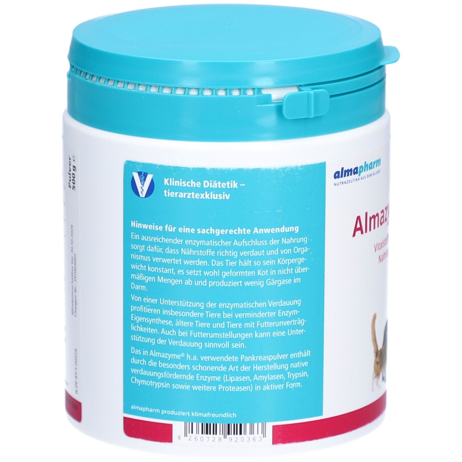 Dos de la boîte Almazyme h.a. Texte : Klinische Diätetik - Tierarztexklusiv. Conseils d'utilisation. Chat.