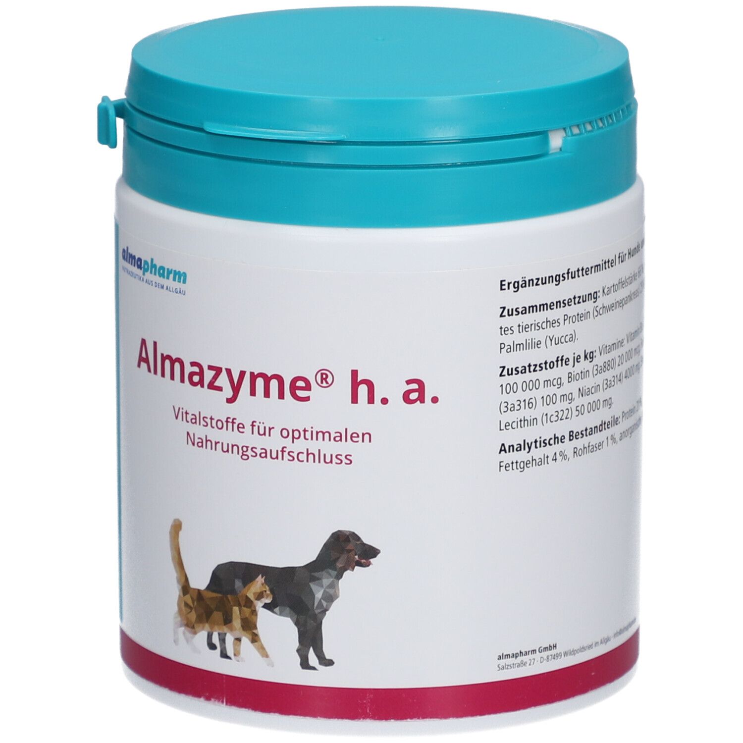 Boîte Almazyme h.a. avec couvercle bleu. Inscription : Vitalstoffe für optimalen Nahrungsaufschluss. Chat et chien. Ingrédients.