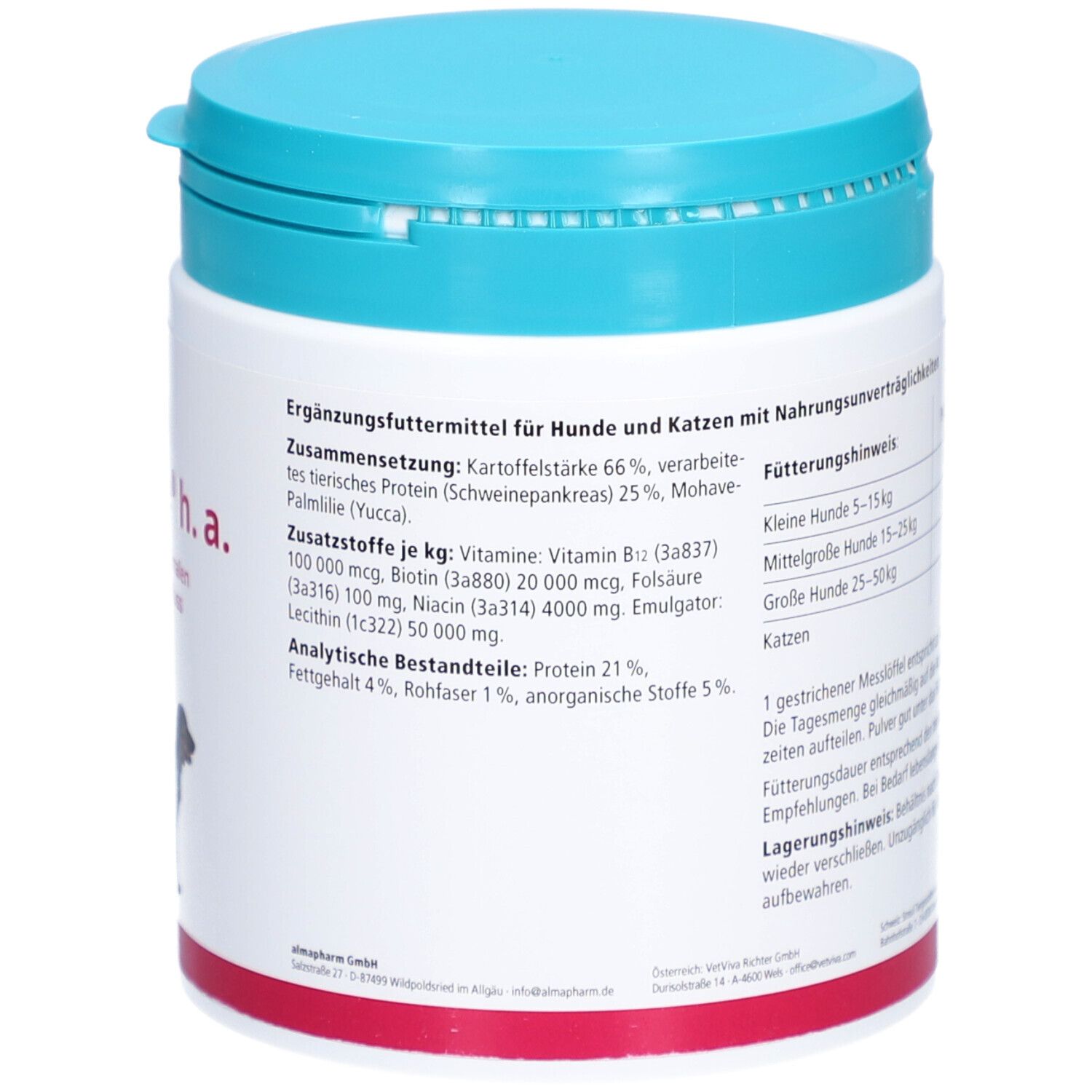 Dos de la boîte Almazyme h.a. Texte : Fütterungshinweis. Ingrédients. Chat.