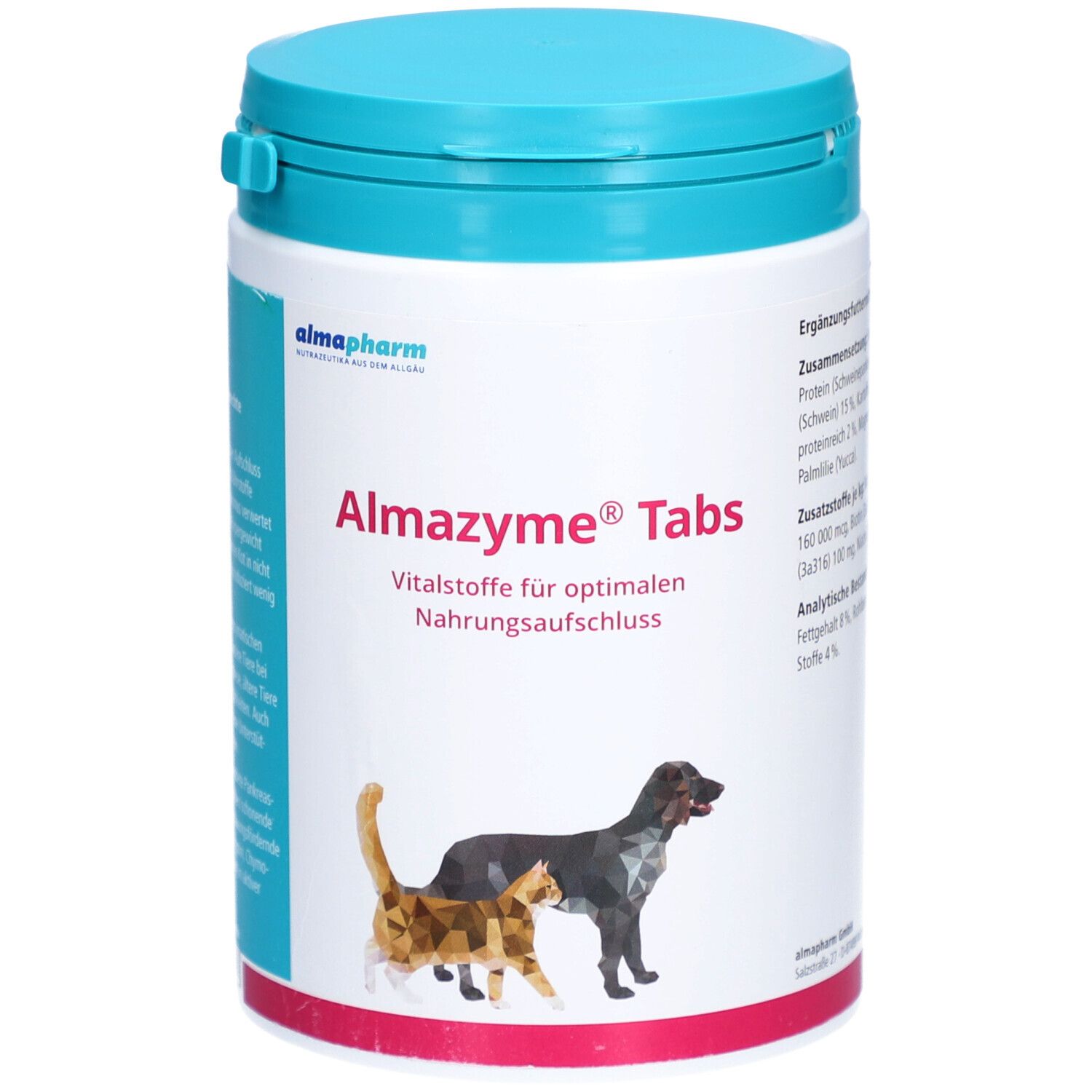 Récipient blanc avec couvercle bleu. Inscription Almazyme Tabs et logo. Illustrations de chat et de chien.