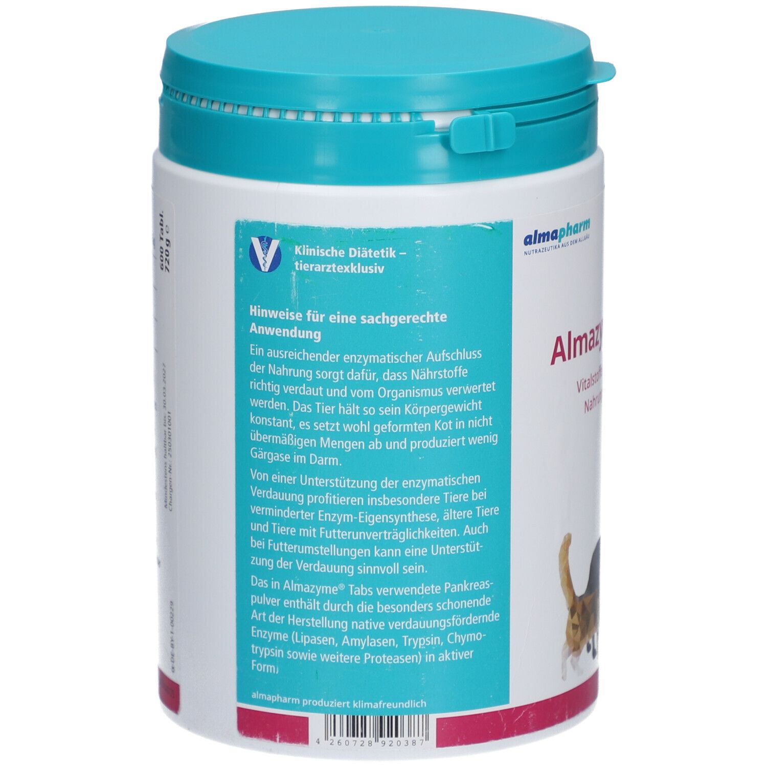 Dos du récipient blanc avec couvercle bleu. Texte sur l'utilisation correcte et les ingrédients.