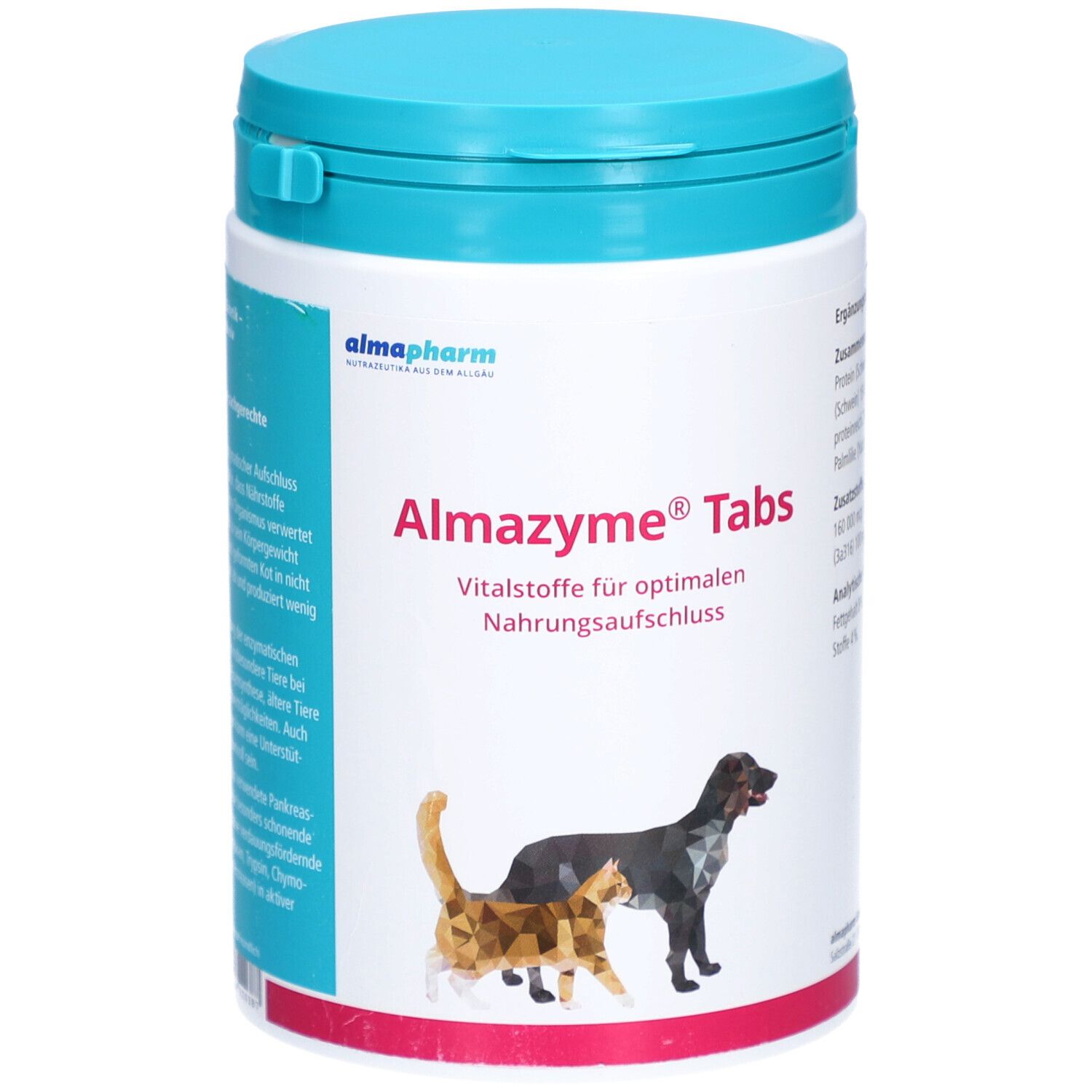 Récipient blanc avec couvercle bleu. Inscription Almazyme Tabs et logo. Illustrations de chat et de chien.