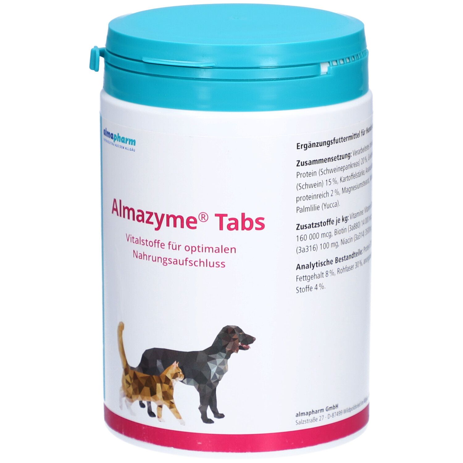 Récipient blanc avec couvercle bleu. Inscription Almazyme Tabs et logo. Illustrations de chat et de chien.