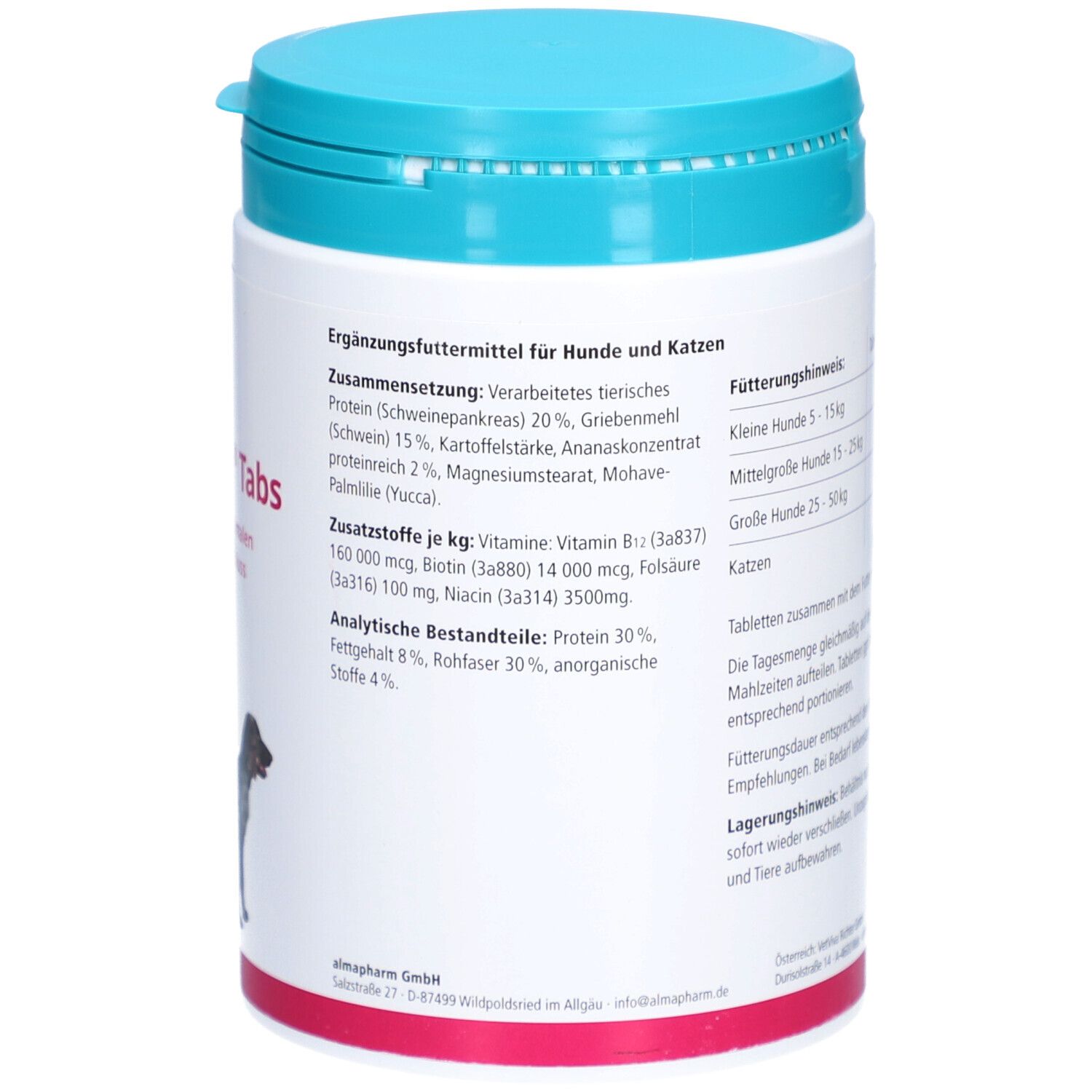 Dos du récipient blanc avec couvercle bleu. Texte avec ingrédients et instructions d'alimentation.