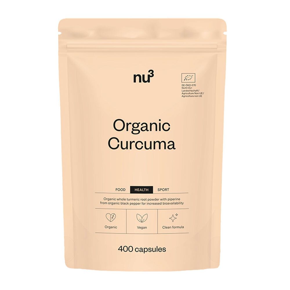 Beige Standbeutel mit „nu3“ Logo und „Organic Curcuma“ Schriftzug. Enthält 400 Kapseln. Bio-Siegel.