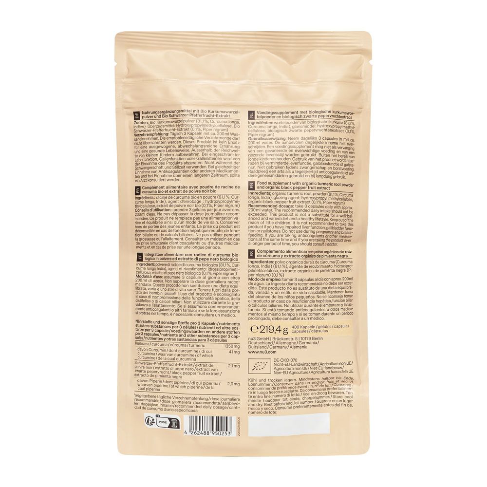 Rückseite des beige Standbeutels mit Text in mehreren Sprachen. Enthält Informationen zum Produkt.