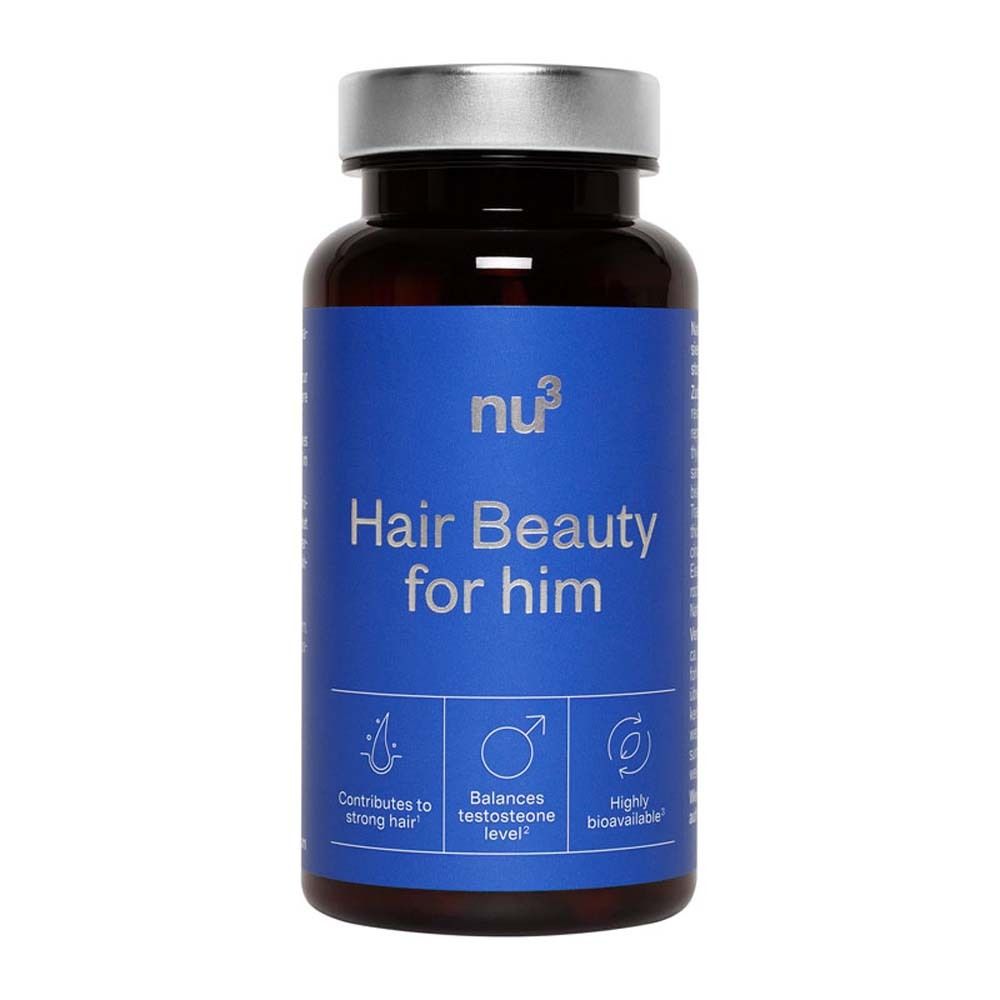 Braune Flasche mit silbernem Deckel und blauer Aufschrift: Hair Beauty for him. Kapseln.