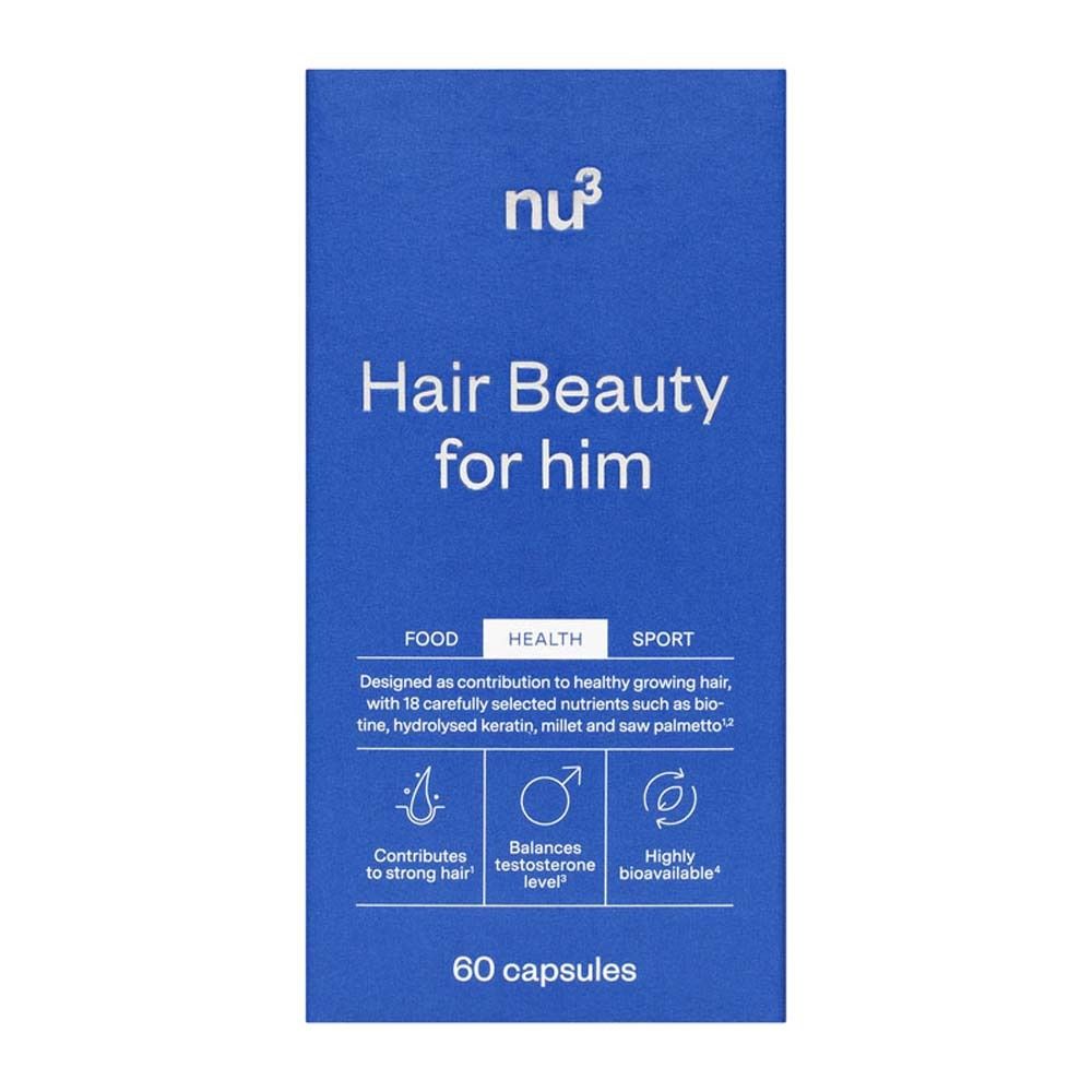 Blaue Schachtel mit Aufschrift: Hair Beauty for him. Logos und Text. 60 Kapseln.