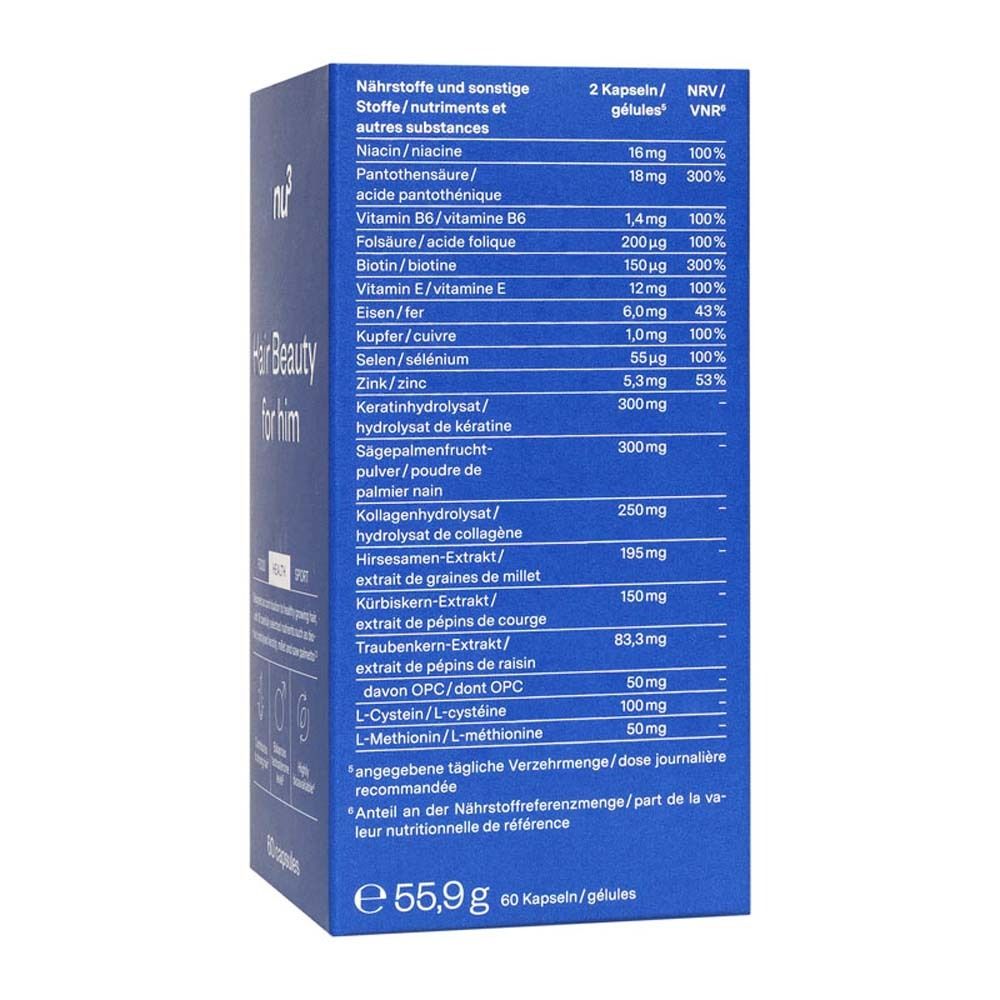 Rückseite der blauen Schachtel mit Inhaltsangaben und Nährwerttabelle. Text in Deutsch.