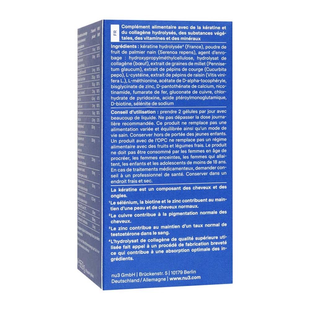 Rückseite der blauen Schachtel mit Inhaltsangaben und Anwendungshinweisen. Text in Französisch.