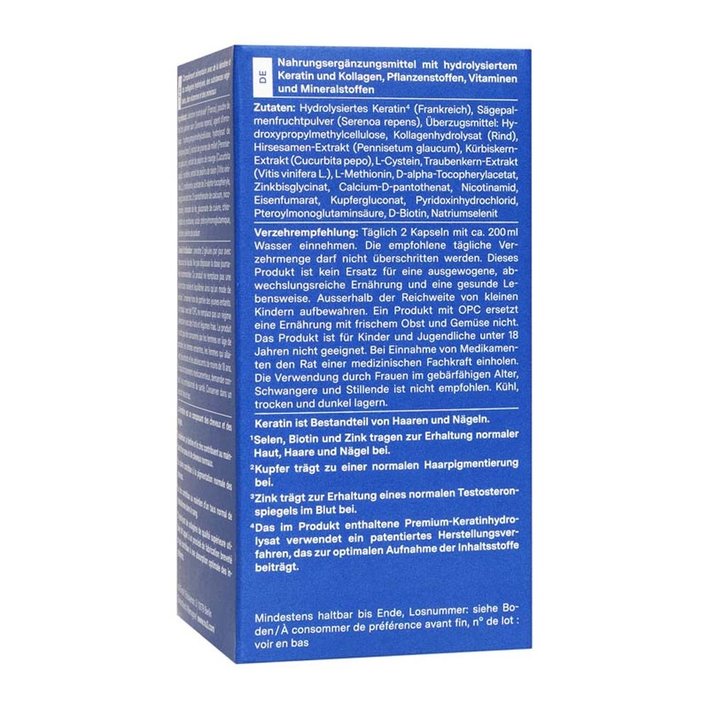 Rückseite der blauen Schachtel mit Inhaltsangaben und Anwendungshinweisen. Text in Deutsch.