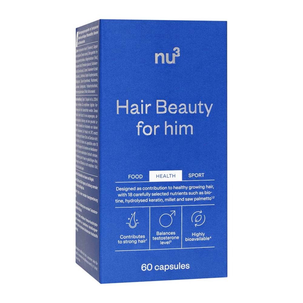 Blaue Schachtel mit Aufschrift: Hair Beauty for him. Logos und Text. 60 Kapseln.