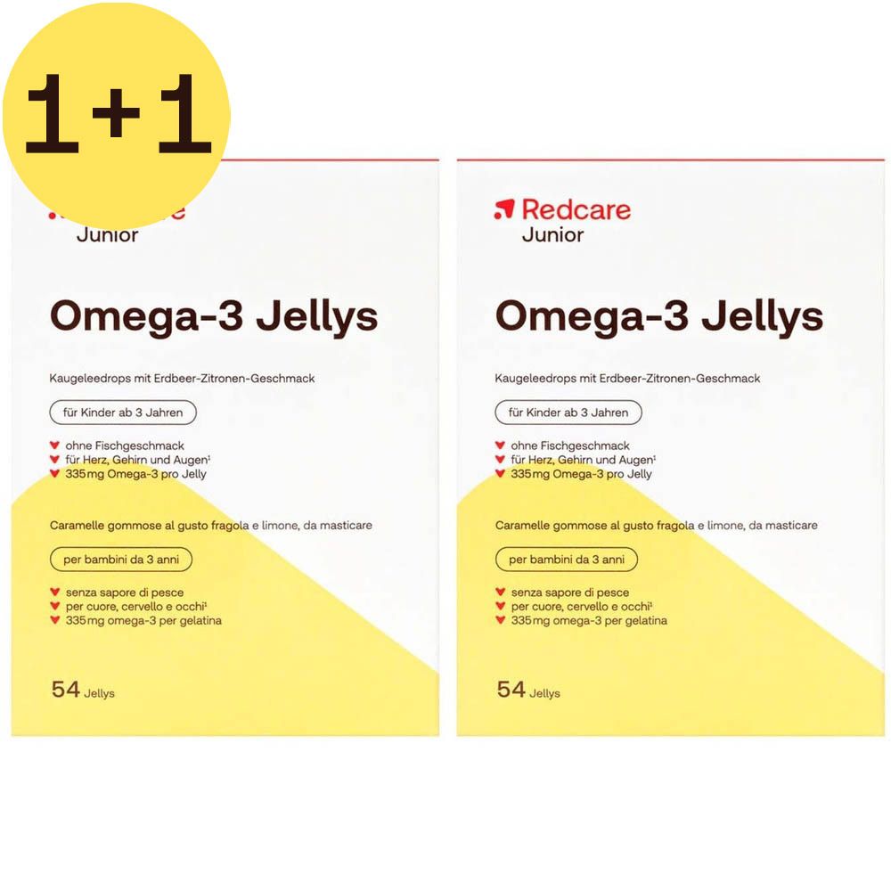 Deux boîtes de Redcare Junior Omega-3 Jellys. Emballage blanc avec nom du produit et informations.