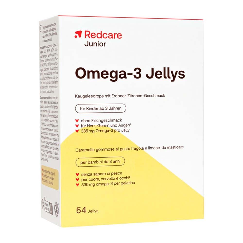 Produktverpackung von Redcare Junior Omega-3 Jellys. Weiße Schachtel mit Produktinformationen und gelbem Akzent.