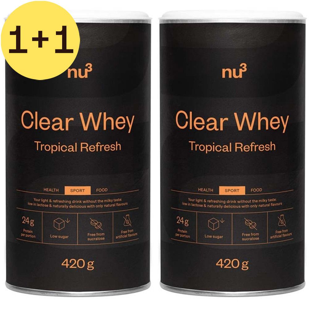 Deux boîtes de nu3 Clear Whey Tropical Refresh. Boîtes noires avec couvercles blancs. Texte orange. 420g. 24g de protéines par portion.