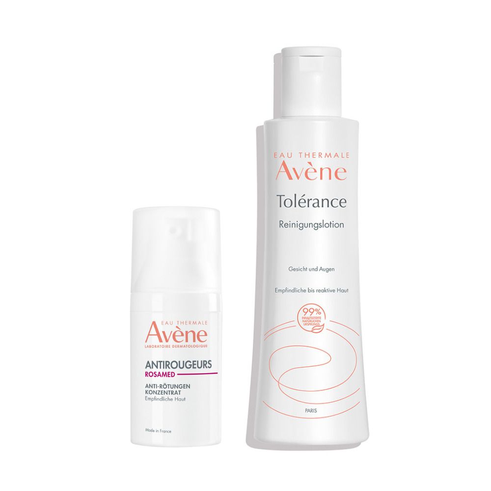 Zwei weiße Flaschen. Links: Avène Antirougeurs Rosamed Konzentrat. Rechts: Avène Tolérance Reinigungslotion.