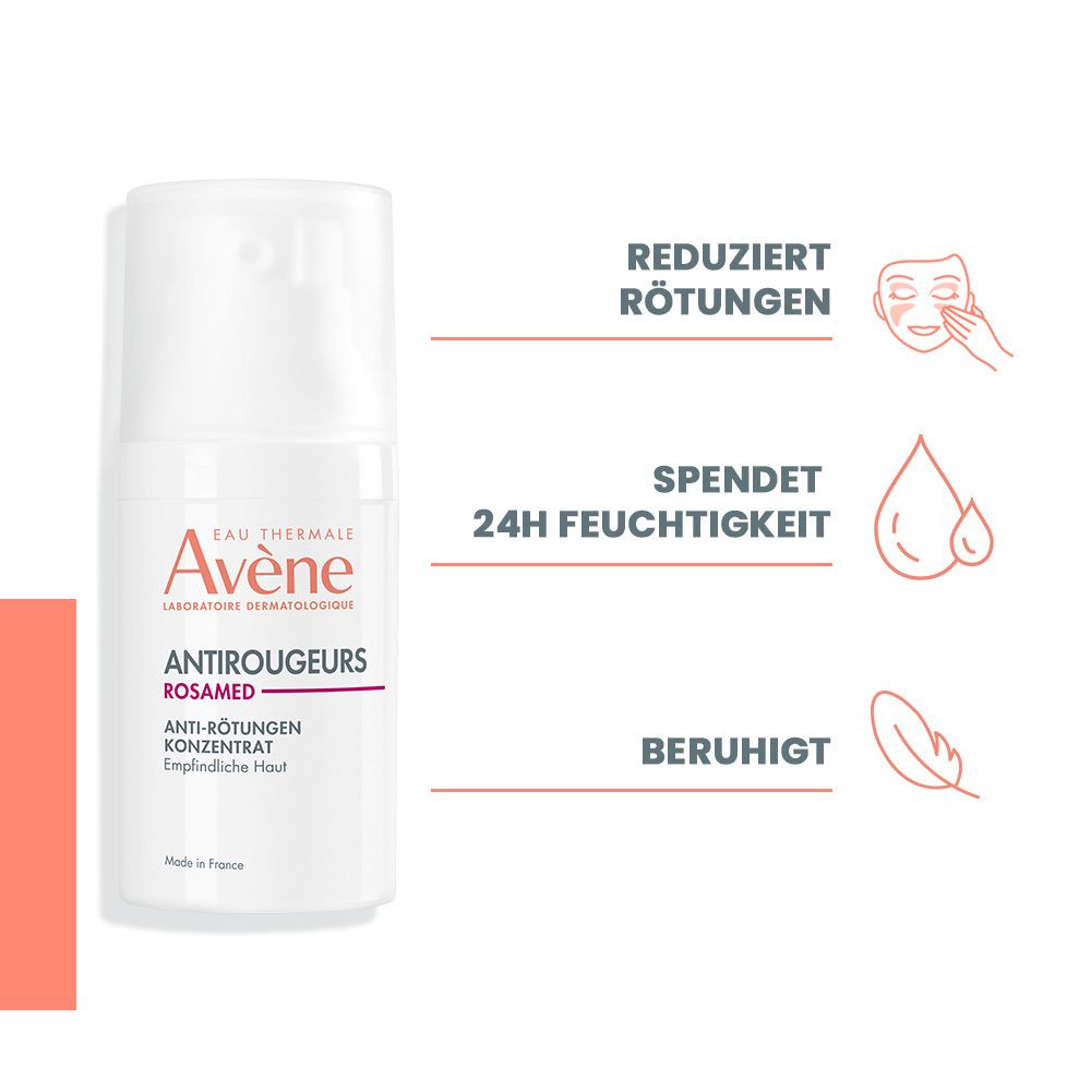 Avène Antirougeurs Rosamed Konzentrat. Weiße Flasche mit Pumpkopf. Text: Reduziert Rötungen, spendet 24h Feuchtigkeit, beruhigt.