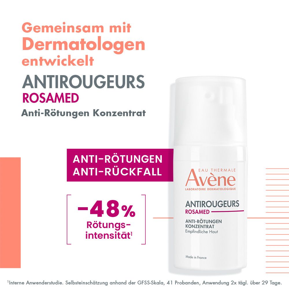 Avène Antirougeurs Rosamed Konzentrat. Weiße Flasche. Text: Anti-Rötungen, Anti-Rückfall, -48% Rötungsintensität.