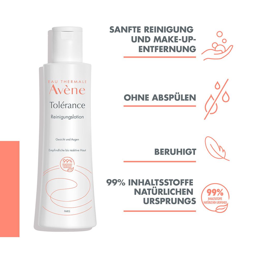 Avène Tolérance Reinigungslotion. Weiße Flasche. Text: Sanfte Reinigung & Make-up-Entfernung, ohne Abspülen, beruhigt.