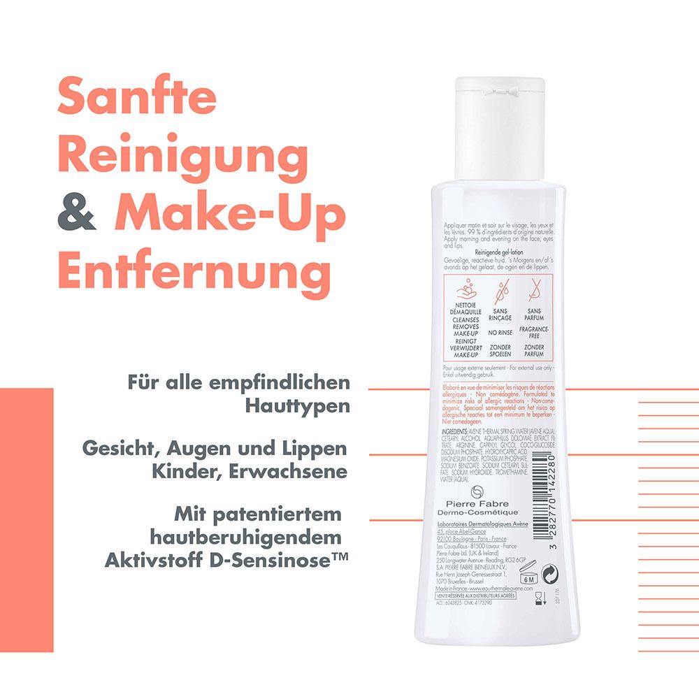 Avène Tolérance Reinigungslotion. Rückseite. Text: Sanfte Reinigung & Make-Up Entfernung. Für alle empfindlichen Hauttypen.