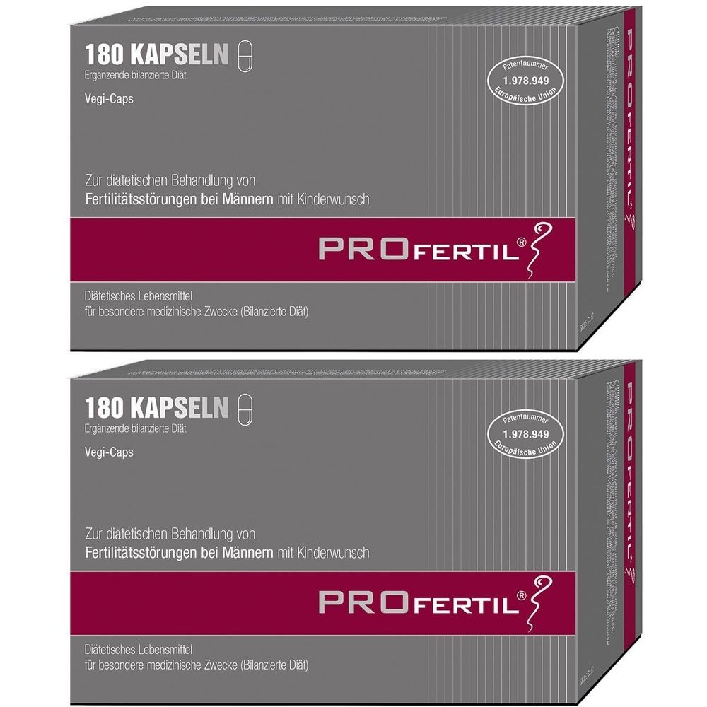 Zwei graue Kartons mit der Aufschrift "180 KAPSELN" und "PROFERTIL". Text in deutscher Sprache. Aufdruck mit Zertifizierungsnummer.