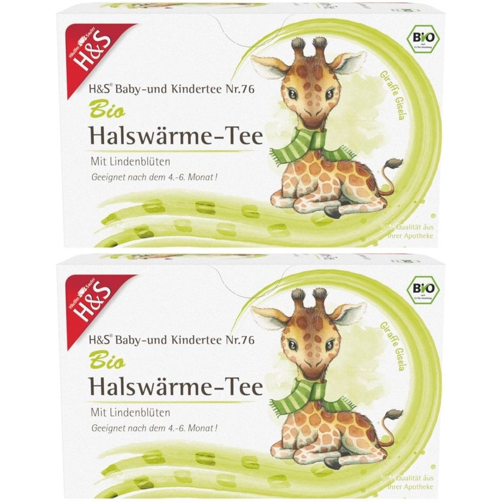 Deux boîtes de thé pour bébés et enfants. Inscription : H&S, Bio Halswärme-Tee avec fleurs de tilleul. Illustration : girafe avec écharpe.