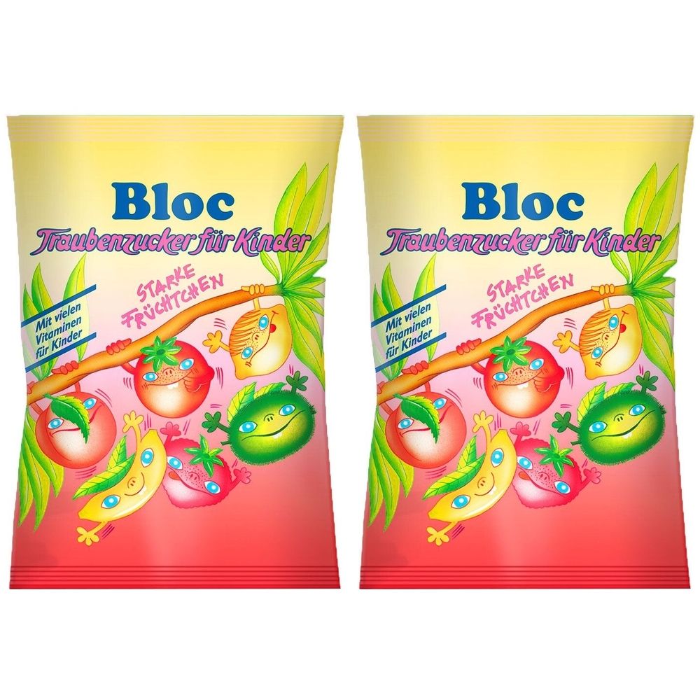 Zwei Beutel Traubenzucker für Kinder. Aufdruck: Bloc, Traubenzucker für Kinder, Starke Früchtchen. Illustrationen von Früchten.
